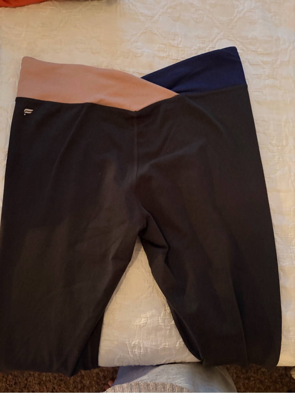 Fabletics Black Leggings with Blush & Navy V-Waistband